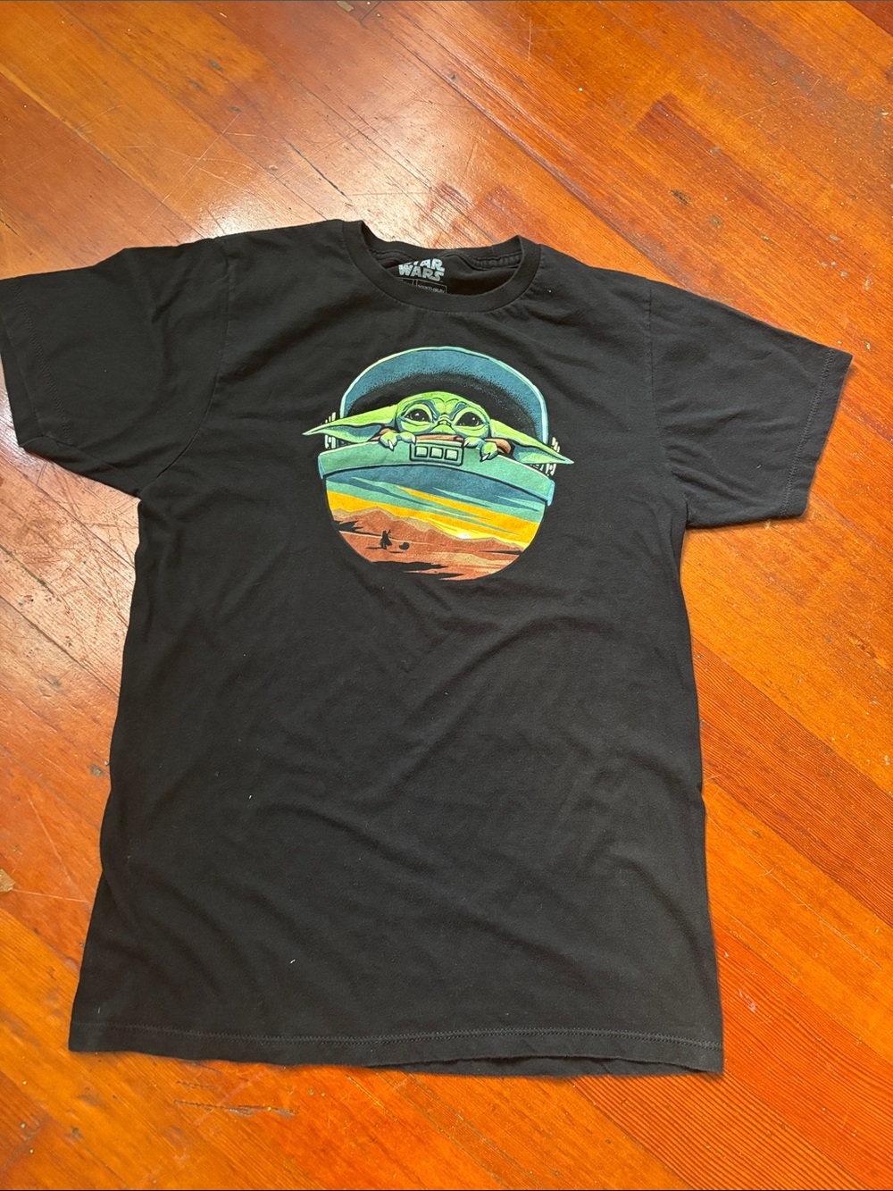 Star Wars Black Tee with Green Grogu Sunset Graphic